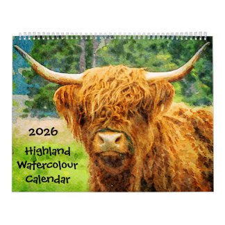 Calendário 2026 Highland Cow Cattle Cute Watercolor Paintings