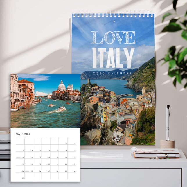 Calendário 2026 Love Italy Calendar (Italy 2026 wall calendar cover showing sunlit Italian villages, coastal views, and landscapes)