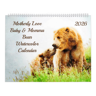 Calendário 2026 Mom Love Baby Momma Bears Watercolor Gift