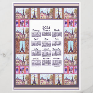 Calendário 2026 Paris Torre Eiffel Arte Pontilhism