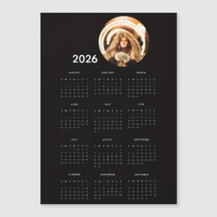Calendário 2026 Preto Ímã Foto Redonda Cartão