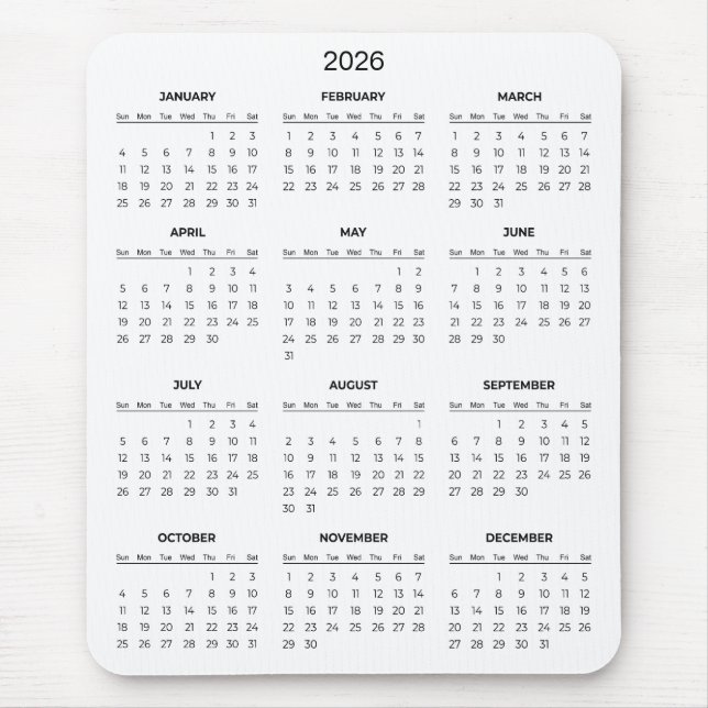 Calendário 2026 Simples Mas Elegante | Mousepad (Frente)