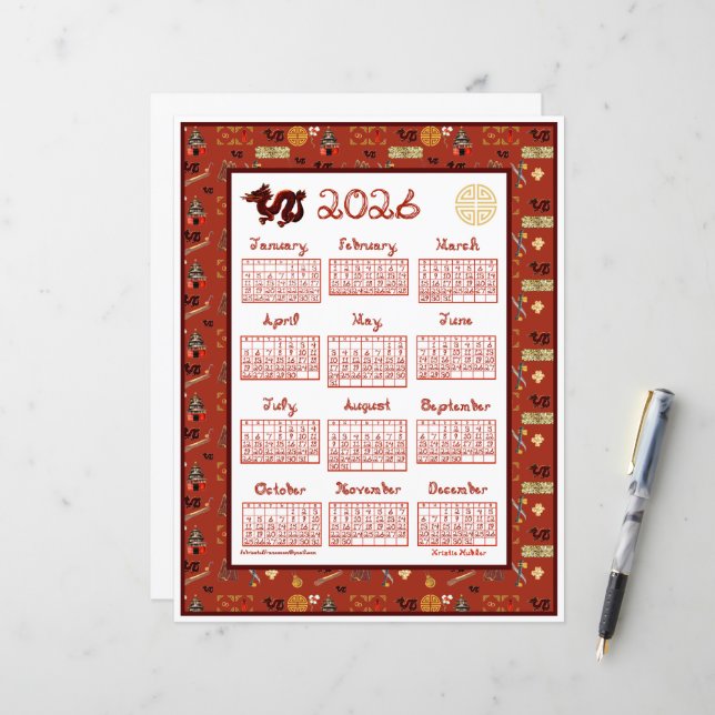 Calendário 2026 Tema Chinês Vermelho Fonte de Teci (Frente/Verso In Situ)