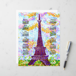 Calendário 2026 Torre Eiffel Pontilhismo Paisagem