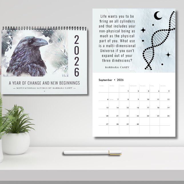 Calendário 2026 Universal Year of Change Motivational Sayings (2026 Year of Changes New Beginnings Raven Symbolism Barbara Casey Quotes Calendar)