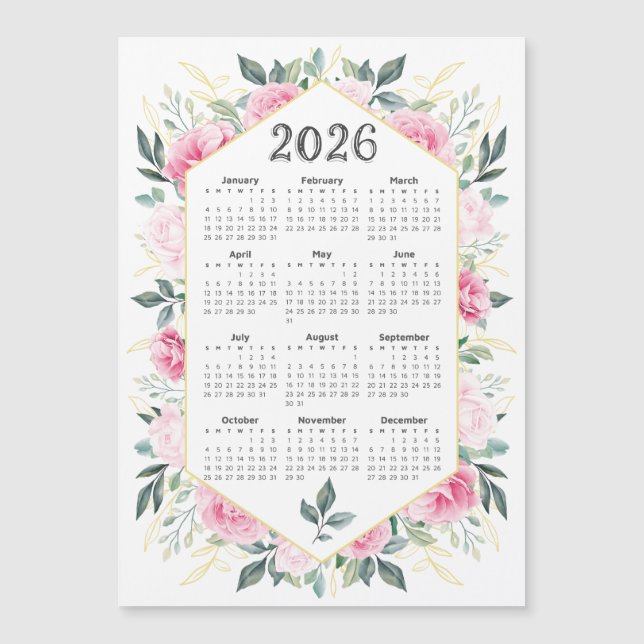 Calendário 2026 Verde Botânico Cor de Água Rosa (Frente)