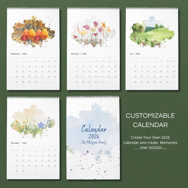 Calendário 2026 Watercolor Landscape Calendar | Scenic Nature (Criador carregado)