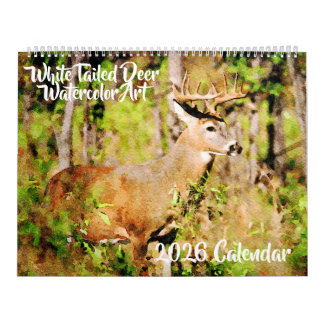 Calendário 2026 Whitetail Deer Watercolor Painting Wildlife