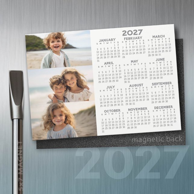 Calendário 2027 - 3 Fotos - Ímã Branco Basic Grey (2027 Calendar)