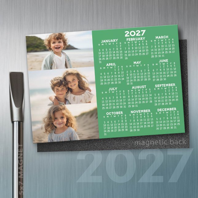 Calendário 2027 - 3 Fotos Ímã Verde Branco Básico (2027 Calendar)