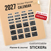 Calendário 2027 Adesivos preto Domingo Semana