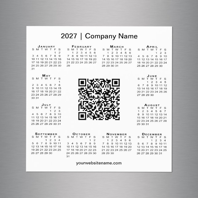 Calendário 2027 Código QR Empresarial Personalizad (2027 Calendar Custom Business QR Code White Magnet in situ)
