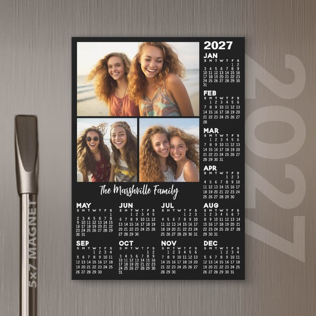 Calendário 2027 com 3 Fotos - Ímã Ano 5x7 (Custom 2027 Calendar Magnet with Photos and Text)