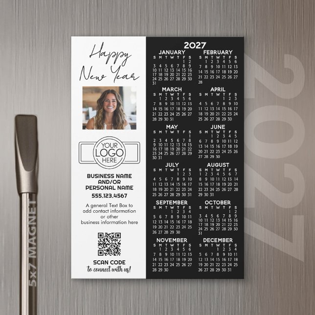 Calendário 2027 ÍMÃ - logotipo, Código QR, Foto Pl (2027 Calendar Magnet for Business Promotion)
