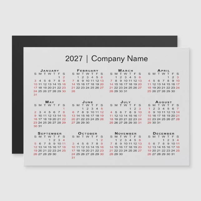 Calendário 2027 Nome da Empresa Ímã Cinza (Frente/Verso)