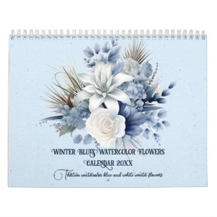 Calendário 20xx de Flores de Aquarela Blues Invern