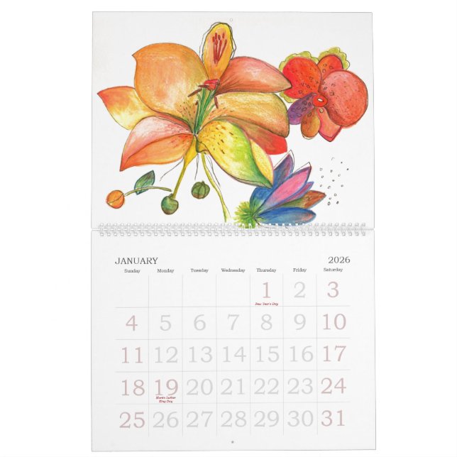 Calendário abstrato das flores e das orquídeas (Jan 2026)