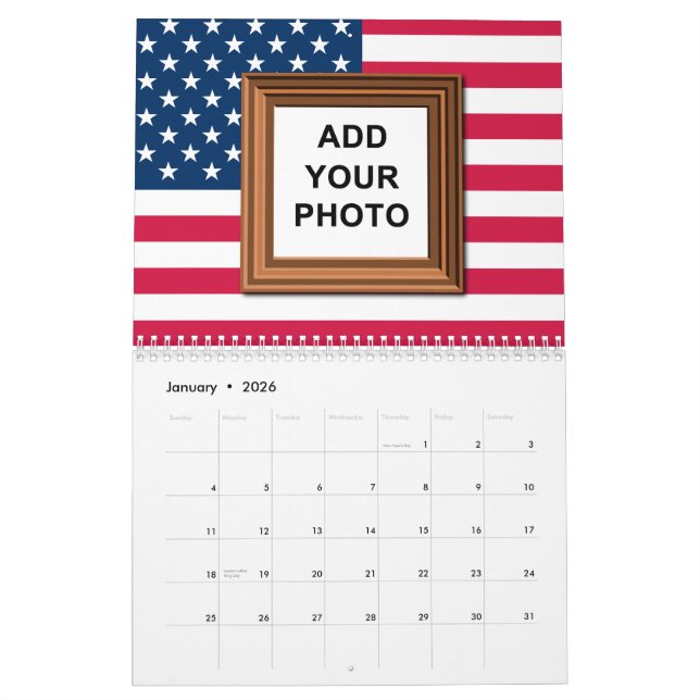 Calendário Adicione Suas Fotos Patriótica Americana 2025 (Jan 2026)