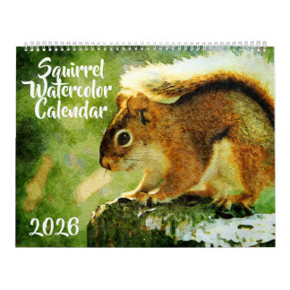 Calendário Adorable Squirrel Wildlife Watercolor Painting Art