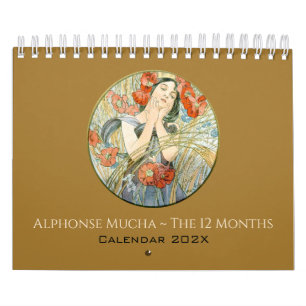 Calendário Alphonse Mucha, 12 Meses Vintage Art Nouveau