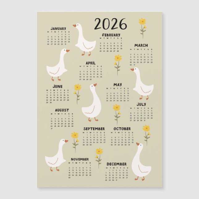 Calendário Amarelo de Flor e Ganso 2026 - Beige (Frente)