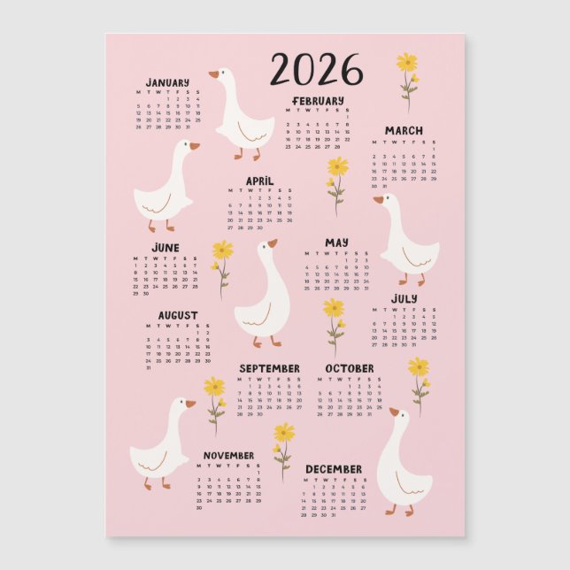 Calendário Amarelo de Flor e Ganso 2026 - Rosa (Frente)