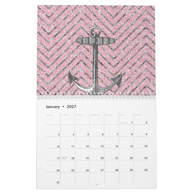 Calendário Âncora de prata cor-de-rosa feminino do teste (Jan 2027)
