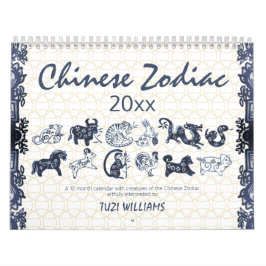 Calendário Animais Zodiac Chineses Azul Branco Mínimo Persona