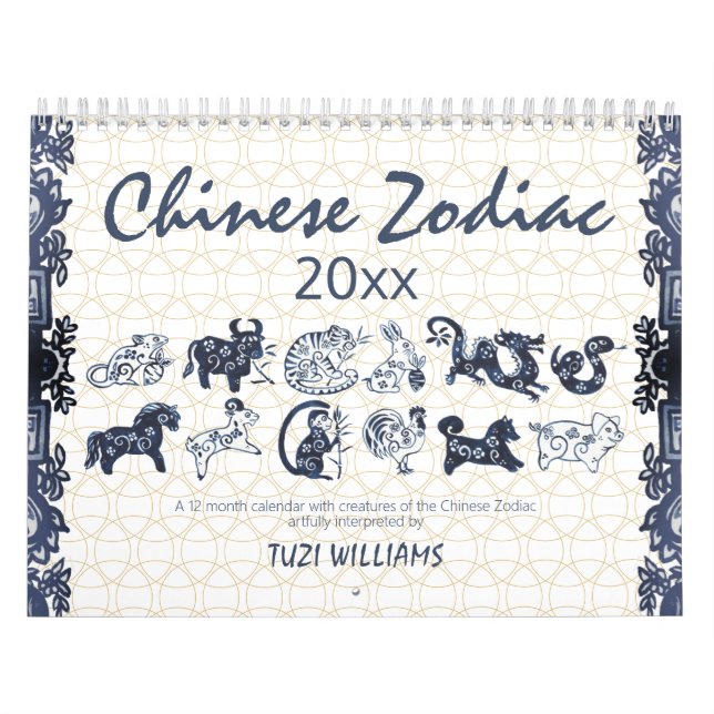 Calendário Animais Zodiac Chineses Azul Branco Mínimo Persona (Capa)