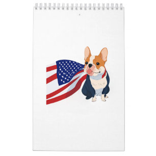 Calendário Anime French Bulldog com bandeira dos EUA