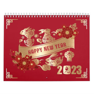 Calendário Ano Novo Chinês do Coelho 2023 Vermelho Dourado Fl