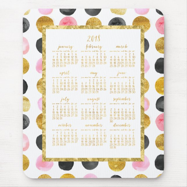 Calendário Anual 2018 Mousepads Rosa E Pontos Dour (Frente)