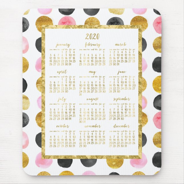 Calendário Anual 2020 Mouse pads Rosa E Pontos Dou (Frente)