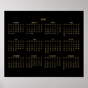 Calendário Anual 2023 Faux Dourado E Black Poster