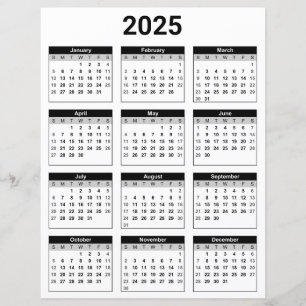 Calendário Anual 2025 em Folha de Papel Preto e Br