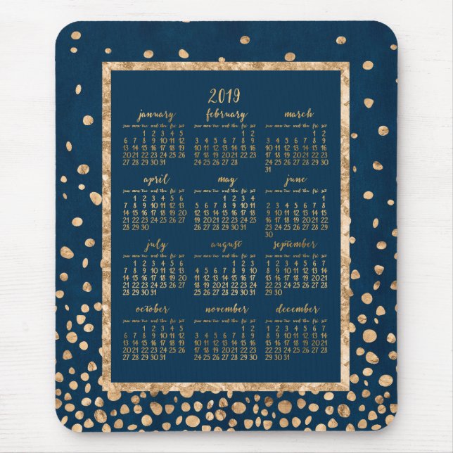 Calendário Anual Azul 2019 Mouse pads Dourado Conf (Frente)