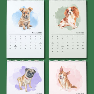 Calendário Anual de Parede com Arte de Cães Pintad