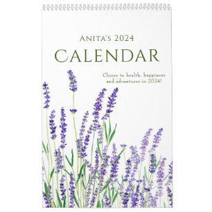 Calendário aquarela azul e púrpura calender floral 2024