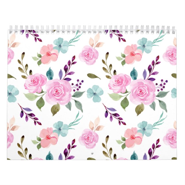 Calendário Aquarela de flor rosa sem emenda (Capa)