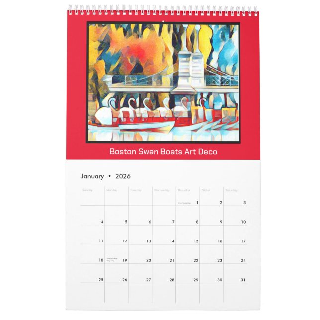 Calendário Art Deco Boston Swan Boats (Jan 2026)