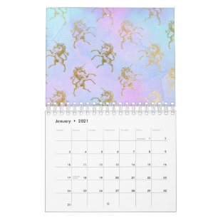 Calendário Arte de Aquarela Cores Suaves Unicórnio Dourado Fa