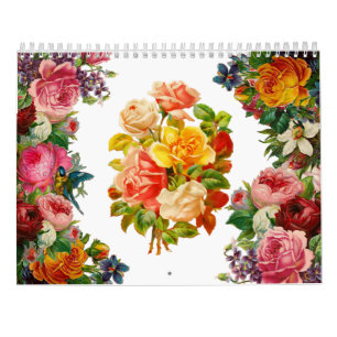 Calendário Arte Floral Rosa Vintage 2026 Flores Botânicas
