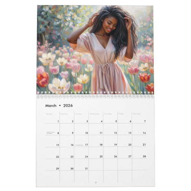 Calendário Beautiful Black Women Floral Artwork Calendar (Mar 2026)