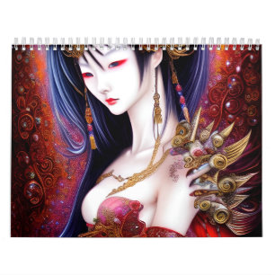 Calendário Bela garota japonesa fantasia gótica triptych