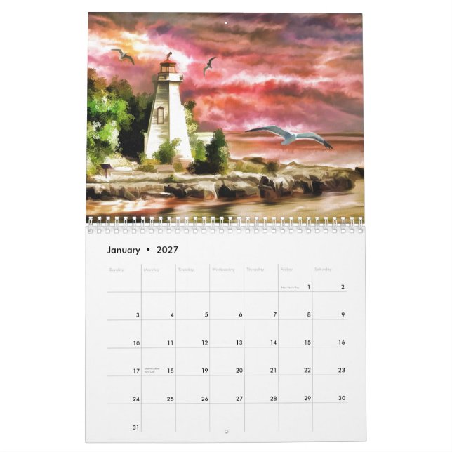 Calendário Belo Farol Náutico Luminoso Rosa Soldado, Costeiro (Jan 2027)