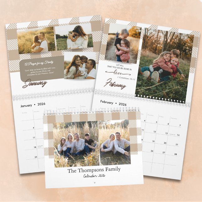 Calendário Bible Verse Beige Buffalo Plaid Family Photo (Criador carregado)