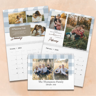 Calendário Bible Verse Dusty Blue Buffalo Plaid Family Photo