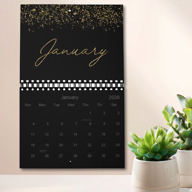 Calendário Black and Gold Glitter Elegant Modern Script 2026 (In situ)