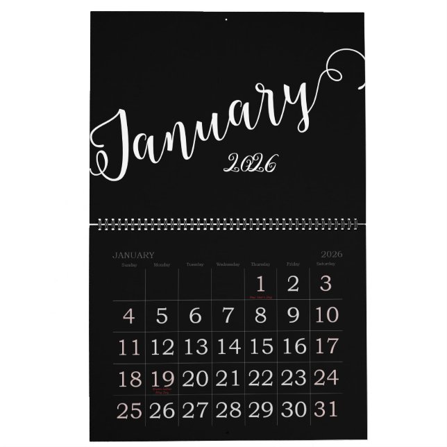 Calendário Black | Modern, Minimalist Calendar (Jan 2026)