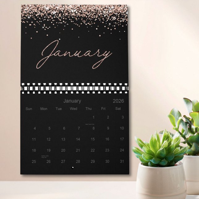 Calendário Black Rose Gold Glitter Elegant Modern Script 2026 (In situ)